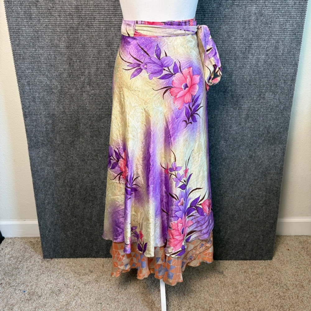 Maple Clothing Silk Blend Wrap Maxi Skirt Floral Boho Festival Purple One Size - Picture 3 of 4